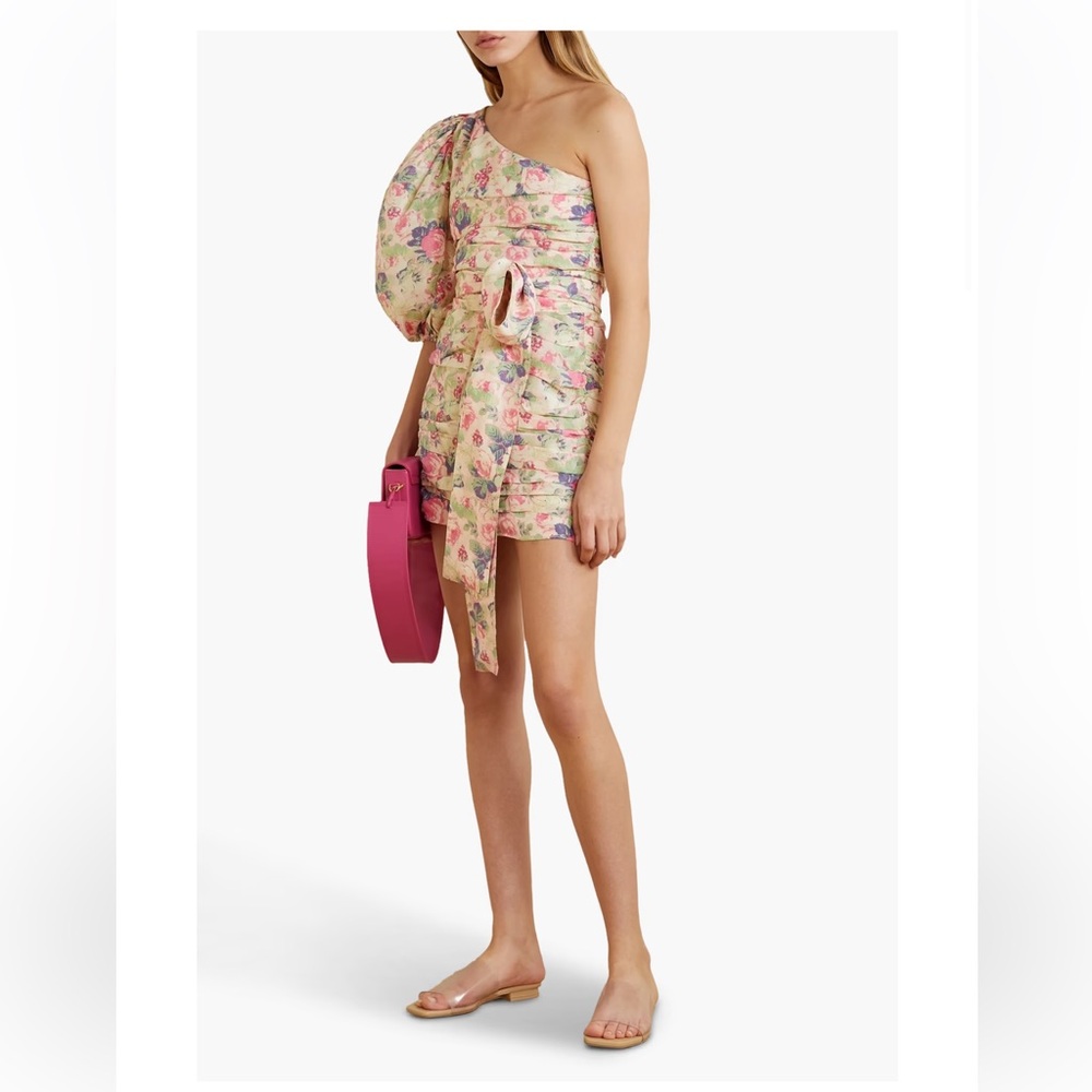 Loveshackfancy Altie One Shoulder Pleated Floral Print Satin Mini Dress